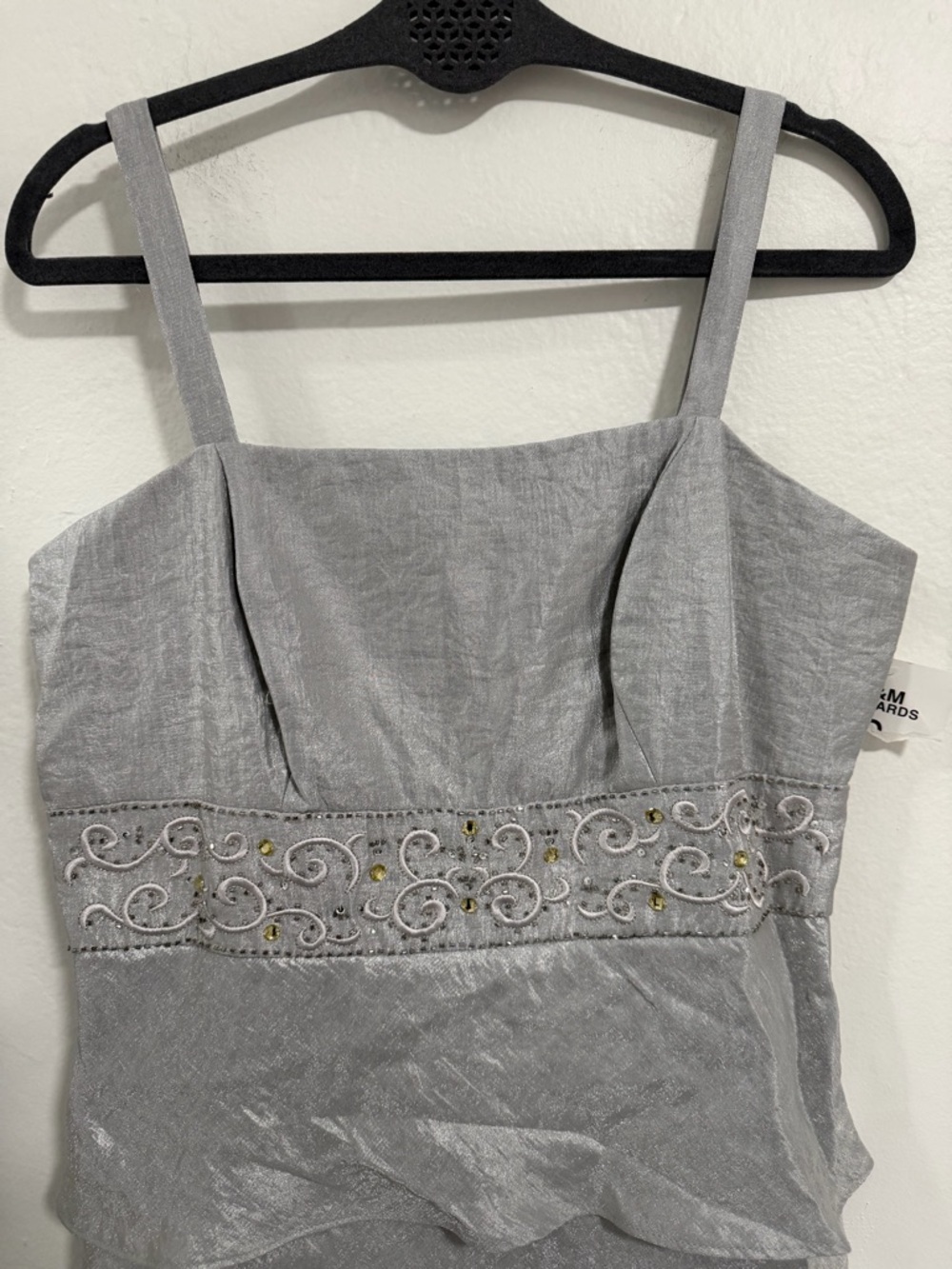 R&M Richards NWT Silver Tiered Ruffle Dress Beaded Waist Size 14 No Jacket - Picture 3 of 10